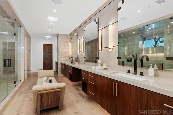 Bathroom, Dual Sink Vanities, Glass Shower, Interior, Recessed Lighting, Wood Texture Flooring