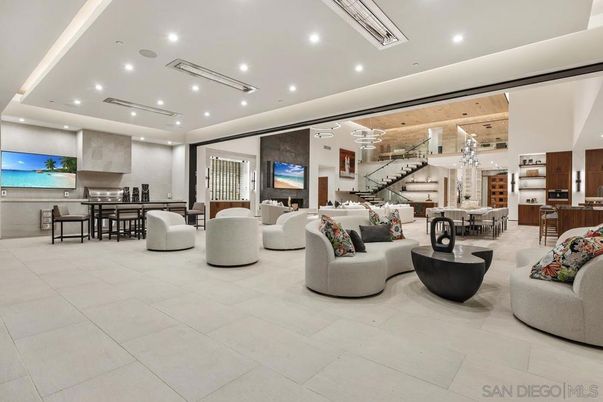 Dining room, Fireplace, Interior, Living room, Pendant Lights, Recessed Lighting, Wooden Ceilings