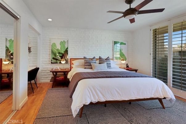 Bedroom, Interior, Recessed Lighting, Stone Walls, Wood Texture Flooring