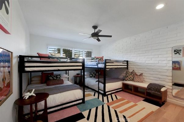 Bedroom, Interior, Recessed Lighting, Stone Walls, Wood Texture Flooring