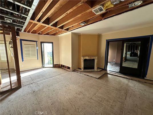 Empty room, Fireplace, Interior, Wooden Beams, Wooden Ceilings, Wood Texture Flooring