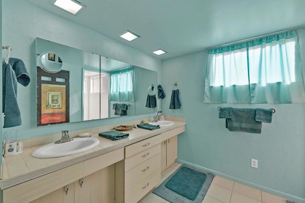 Bathroom, Dual Sink Vanities, Interior, Recessed Lighting, Tile Countertops
