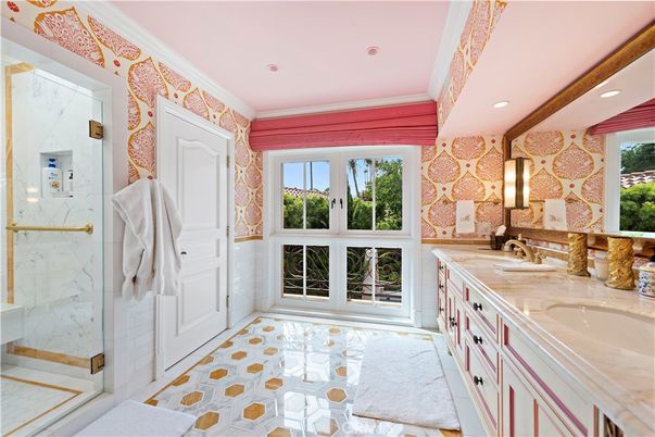 Bathroom, Dual Sink Vanities, Glass Shower, Interior, Marble Walls, Recessed Lighting