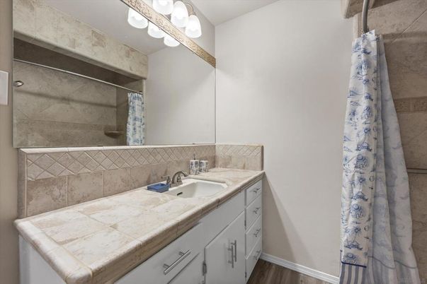 Bathroom, Interior, Tile Countertops, Wood Texture Flooring