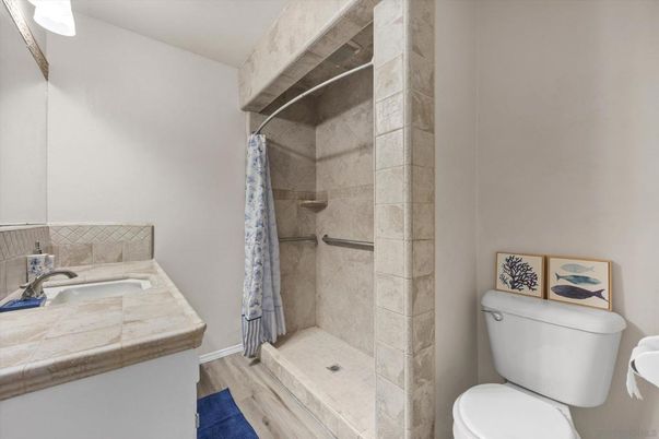 Bathroom, Interior, Tile Countertops, Wood Texture Flooring