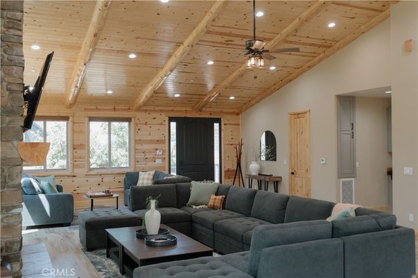 Fireplace, Interior, Living room, Recessed Lighting, Stone Walls, Wooden Beams, Wooden Ceilings, Wood Texture Flooring
