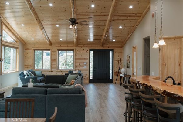 Interior, Living room, Pendant Lights, Recessed Lighting, Wooden Beams, Wooden Ceilings, Wood Texture Flooring, Wooden Walls