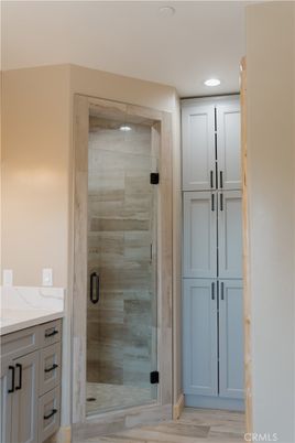 Bathroom, Glass Shower, Interior, Recessed Lighting, Wood Texture Flooring