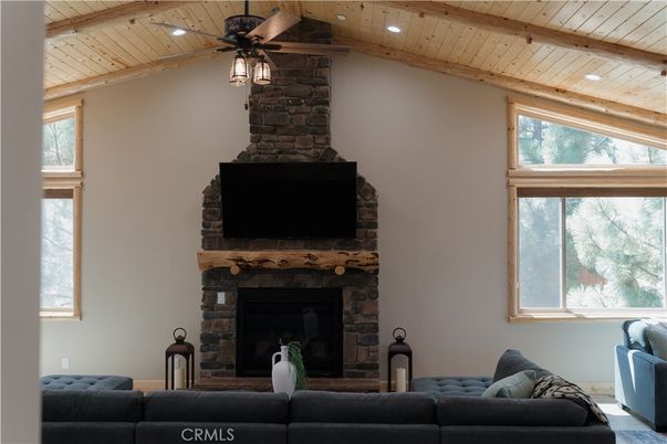 Fireplace, Interior, Living room, Recessed Lighting, Stone Walls, Wooden Beams, Wooden Ceilings