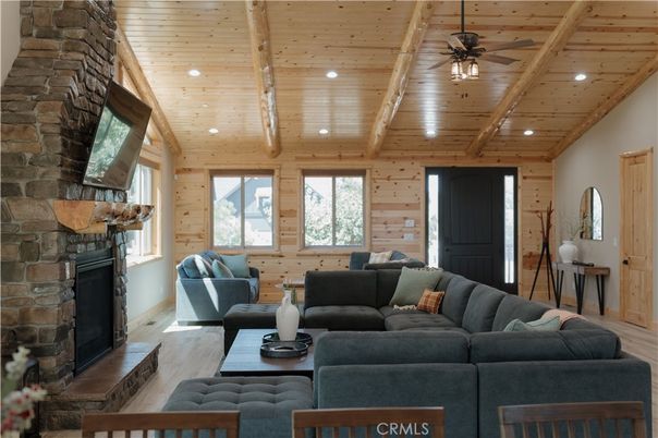 Fireplace, Interior, Living room, Recessed Lighting, Stone Walls, Wooden Beams, Wooden Ceilings, Wood Texture Flooring, Wooden Walls