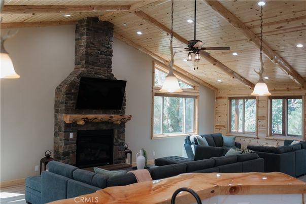 Fireplace, Interior, Living room, Recessed Lighting, Stone Walls, Wooden Beams, Wooden Ceilings