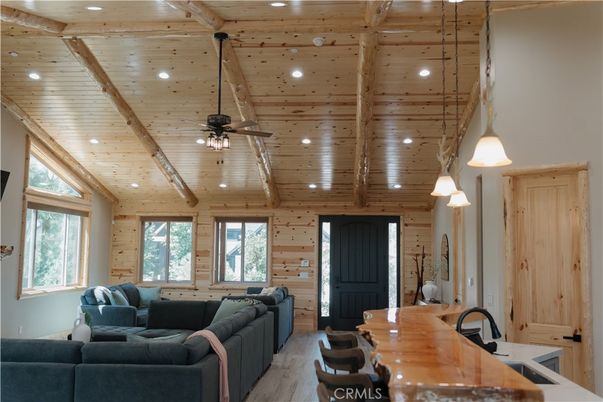 Interior, Living room, Pendant Lights, Recessed Lighting, Wooden Beams, Wooden Ceilings, Wood Texture Flooring, Wooden Walls