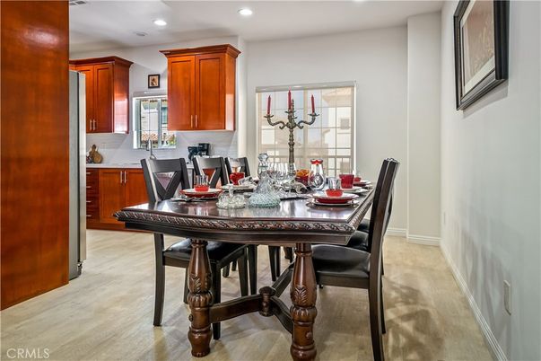 Dining room, Interior, Recessed Lighting, Wood Texture Flooring