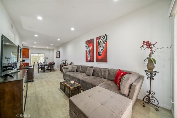 Dining room, Interior, Living room, Recessed Lighting, Wood Texture Flooring