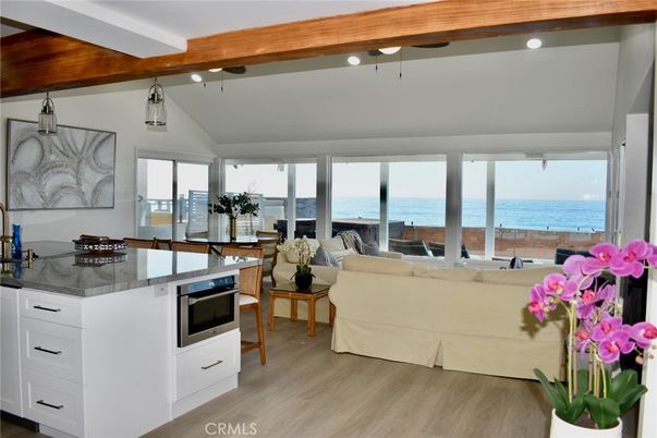 Interior, Kitchen, Living room, Recessed Lighting, Stainless Steel Appliances, Water, Wood Texture Flooring