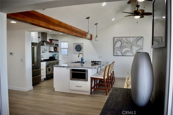 Interior, Kitchen, Pendant Lights, Recessed Lighting, Stainless Steel Appliances, Wooden Beams, Wood Texture Flooring