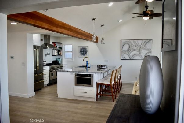 Interior, Kitchen, Pendant Lights, Recessed Lighting, Stainless Steel Appliances, Wooden Beams, Wood Texture Flooring