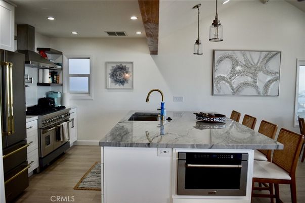 Interior, Kitchen, Pendant Lights, Recessed Lighting, Stainless Steel Appliances, Wooden Beams, Wood Texture Flooring