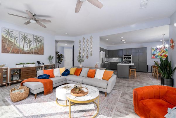 Chandelier, Interior, Kitchen, Living room, Pendant Lights, Recessed Lighting, Stainless Steel Appliances, Wood Texture Flooring