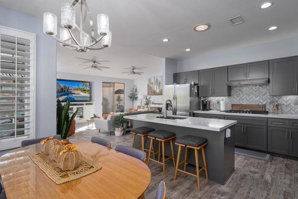 Dining room, Interior, Kitchen, Living room, Recessed Lighting, Stainless Steel Appliances, Wood Texture Flooring