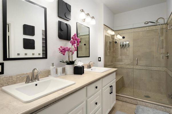 Bathroom, Dual Sink Vanities, Glass Shower, Interior, Tile Countertops