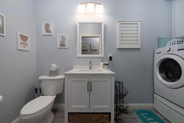 Bathroom, Interior, Washer, Wood Texture Flooring