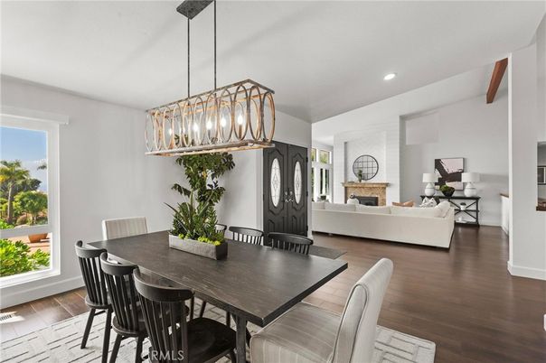 Dining room, Fireplace, Interior, Living room, Pendant Lights, Recessed Lighting, Wood Texture Flooring