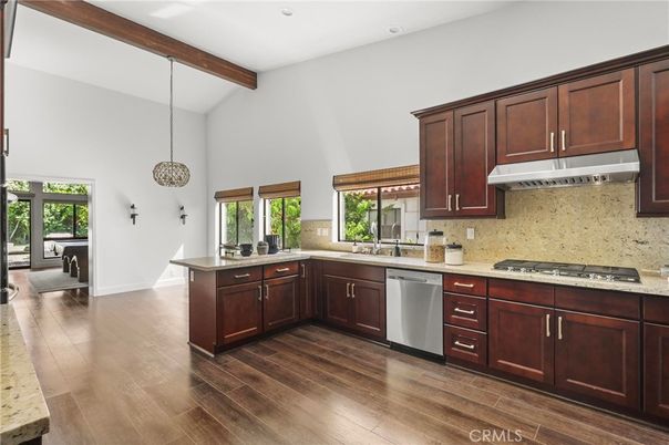 Interior, Kitchen, Pendant Lights, Recessed Lighting, Stainless Steel Appliances, Wooden Beams, Wood Texture Flooring