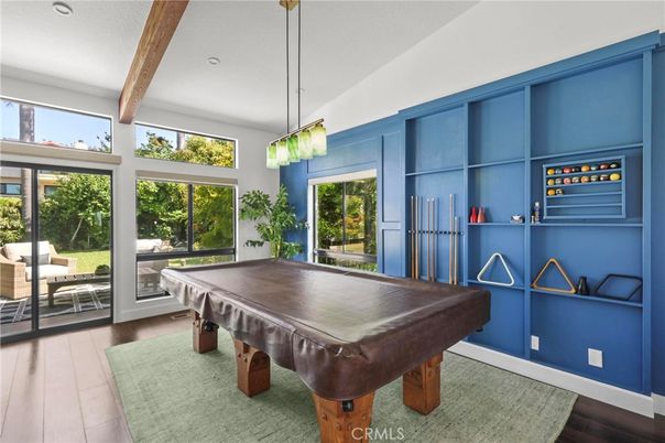Billiard Table, Game Room, Interior, Pendant Lights, Recessed Lighting, Wooden Beams, Wood Texture Flooring