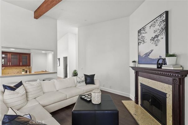Fireplace, Interior, Living room, Recessed Lighting, Wooden Beams, Wood Texture Flooring