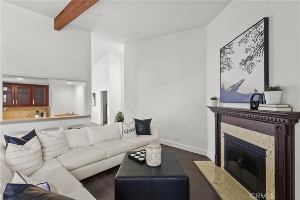 Fireplace, Interior, Living room, Recessed Lighting, Wooden Beams, Wood Texture Flooring