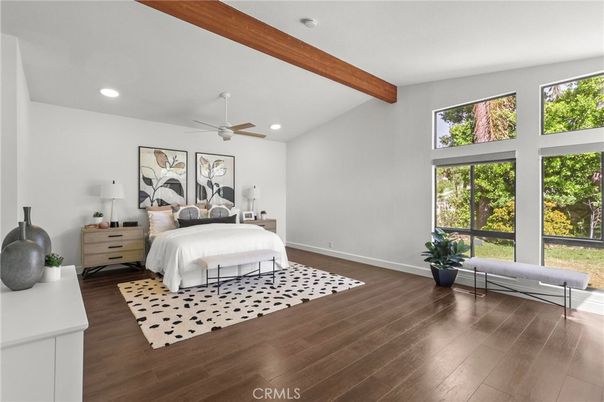 Bedroom, Interior, Recessed Lighting, Wooden Beams, Wood Texture Flooring
