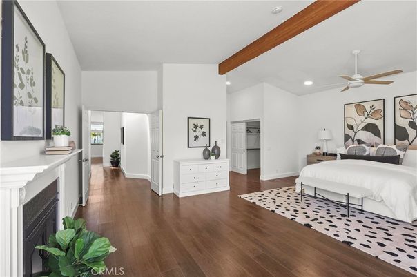 Bedroom, Fireplace, Interior, Recessed Lighting, Wooden Beams, Wood Texture Flooring