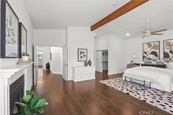 Bedroom, Fireplace, Interior, Recessed Lighting, Wooden Beams, Wood Texture Flooring