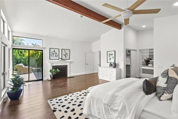 Bedroom, Fireplace, Interior, Recessed Lighting, Wooden Beams, Wood Texture Flooring