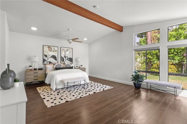 Bedroom, Interior, Recessed Lighting, Wooden Beams, Wood Texture Flooring