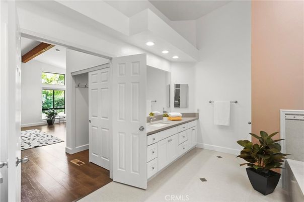 Bathroom, Dual Sink Vanities, Interior, Recessed Lighting, Wooden Beams, Wood Texture Flooring