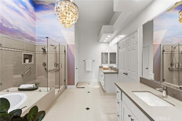 Bathroom, Dual Sink Vanities, Glass Shower, Interior, Pendant Lights, Recessed Lighting