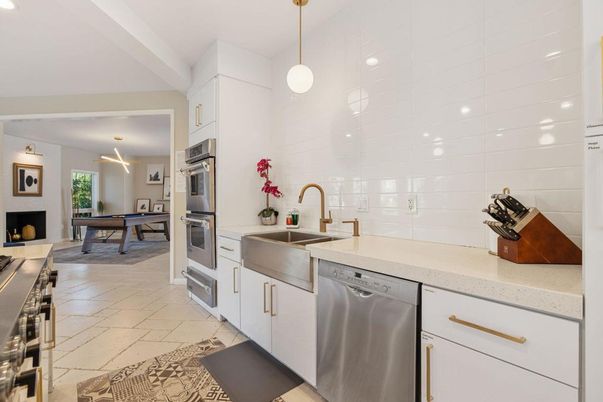 Billiard Table, Fireplace, Interior, Kitchen, Pendant Lights, Stainless Steel Appliances