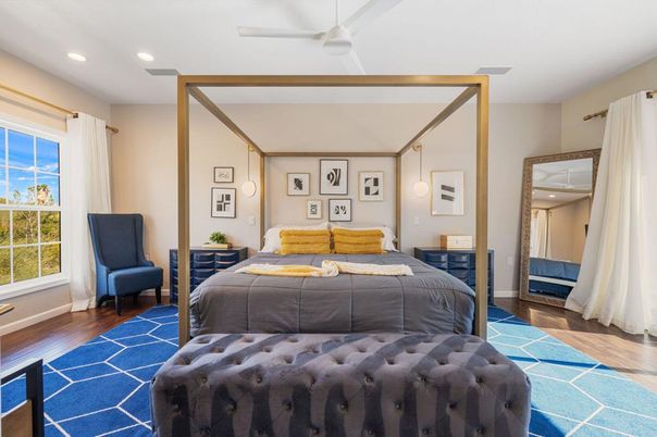 Bedroom, Interior, Pendant Lights, Recessed Lighting, Wood Texture Flooring