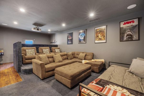 Interior, Living room, Recessed Lighting, Theatre Room, Wood Texture Flooring