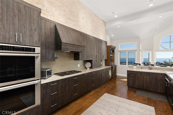 Interior, Kitchen, Recessed Lighting, Stainless Steel Appliances, Water, Wood Texture Flooring