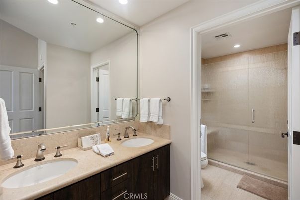 Bathroom, Dual Sink Vanities, Glass Shower, Interior, Recessed Lighting
