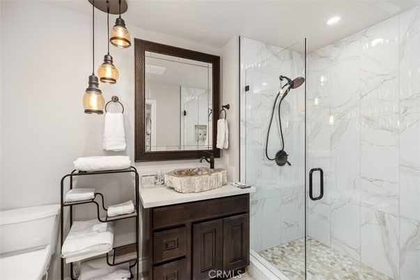 Bathroom, Glass Shower, Interior, Marble Walls, Pendant Lights, Recessed Lighting