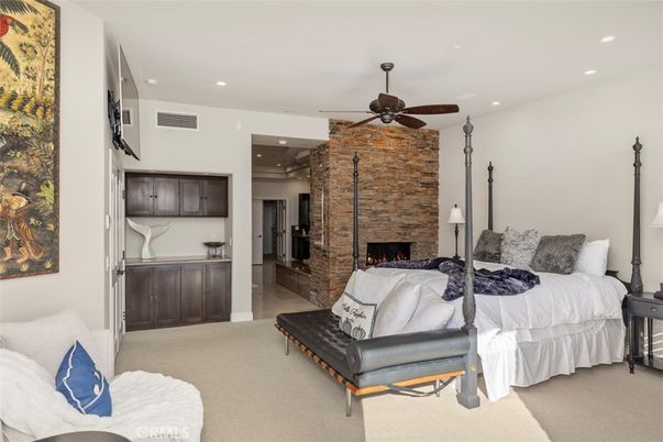 Bedroom, Fireplace, Interior, Recessed Lighting, Stone Walls