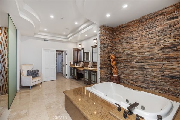 Bathroom, Interior, Recessed Lighting, Stone Walls, Wooden Walls