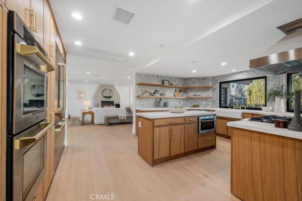 Fireplace, Interior, Kitchen, Living room, Recessed Lighting, Stainless Steel Appliances, Wood Texture Flooring