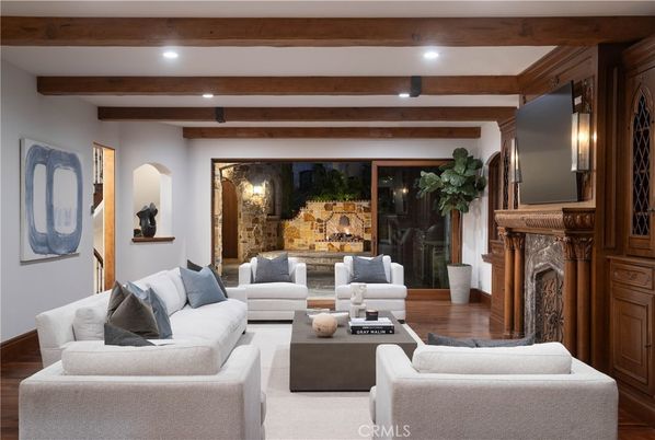 Fireplace, Interior, Living room, Recessed Lighting, Wooden Beams, Wood Texture Flooring