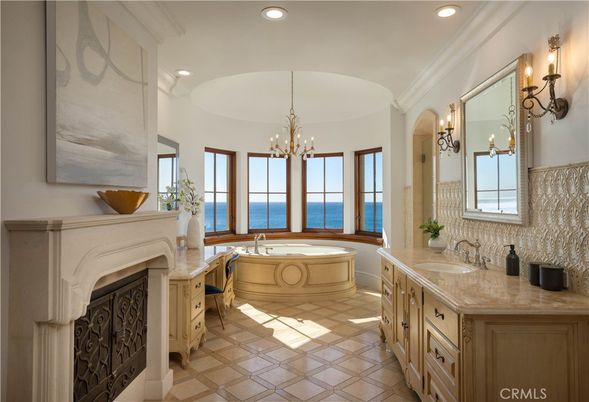 Bathroom, Chandelier, Dual Sink Vanities, Fireplace, Interior, Recessed Lighting, Water