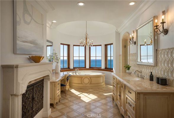 Bathroom, Chandelier, Dual Sink Vanities, Interior, Recessed Lighting, Water